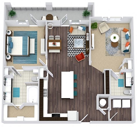 1 bedroom, 1.5 bath plus den floorplan. entry hanging nook. l-shaped kitchen with island and pantry. large butlers pantry. open to living/dining. Double sink vanity. Balcony access from bedroom. w/d.