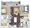 2 bedroom, 2 bath floorplan. L-shaped kitchen with island and pantry. Open to Living/dining area. Standalone shower in guest. Both with W.I.C. large balcony. Washer/dryer
