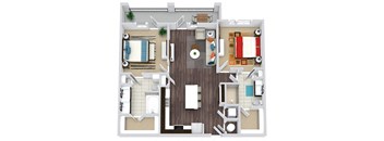 2 bedroom, 2 bath floorplan. entry nook with hooks. L-shaped kitchen with island and pantry. Open to Living/dining area. Double sink vanity in primary bath. Standalone shower in guest. Both with W.I.C