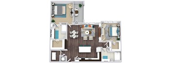 2 bedroom, 2 bath floorplan.  L-shaped kitchen with island and pantry and butlers pan. Open to Living/dining area with Built-in shelves. Double sink vanity in primary bath. large balcony. Washer/dryer