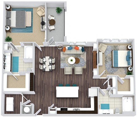 2 bedroom, 2 bath floorplan.  L-shaped kitchen with island and pantry and butlers pan. Open to Living/dining area with Built-in shelves. Double sink vanity in primary bath. large balcony. Washer/dryer