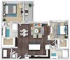 2 bedroom, 2 bath floorplan. L-shaped kitchen with island and pantry and butlers pan. Open to Living/dining area with Built-in shelves. Double sink vanity in primary bath. large balcony. Washer/dryer