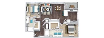 2 bedroom, 2 bath floorplan. Large entry with mudroom. Washer/dryer. Living/dining area with built-in shelving. open to kitchen with peninsula island. dual sink vanity in primary bedroom. Balcony.