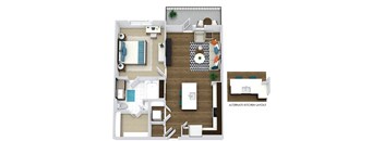 Aikman 1 BEDROOM 1 BATH apartment with Kitchen and Kitchen island, alternate peninsula island layout available. Wine Rack. Pantry. Open to living-dining. in-unit laundry. walk-in closet. Balcony.