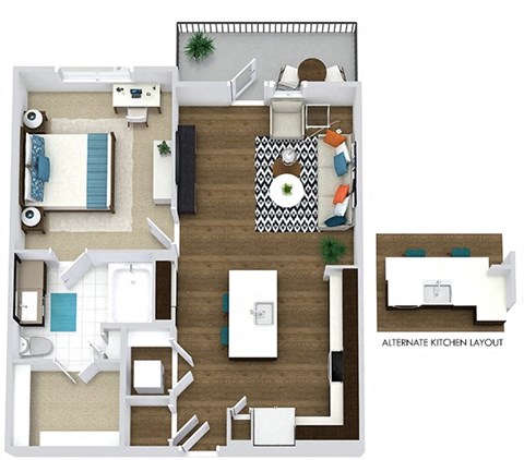 Aikman 1 BEDROOM 1 BATH apartment with Kitchen and Kitchen island, alternate peninsula island layout available. Wine Rack. Pantry. Open to living-dining. in-unit laundry. walk-in closet. Balcony.