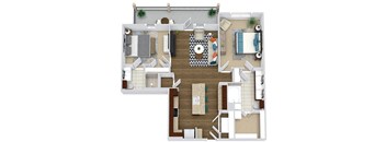 The Allen. 2 bedroom apartment. Kitchen with island open to living/dinning room. 2 full bathrooms, double vanity in master, shower stall in guest. Walk-in closet. Patio/balcony.