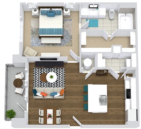 The Bryant. 1 bedroom apartment. Kitchen with bartop open to living/dinning room. 1 full bathroom. Walk-in closet. Patio/balcony.