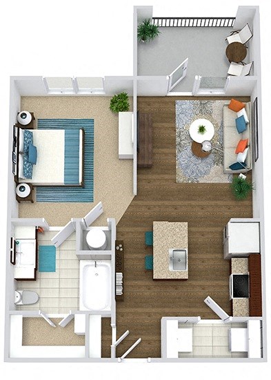 The Green. studio apartment. Kitchen with bartop open to living/dining room. 1 full bathroom. Walk-in closet. Patio/balcony.