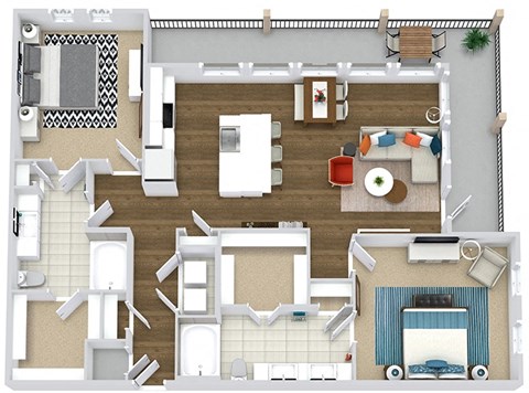 The Haley. 2 bedroom apartment. Kitchen with island open to living/dinning room. 2 full bathrooms, double vanity in master. Walk-in closets. Large wrap around Patio/balcony.