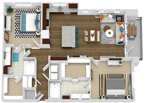 The Howley. 2 bedroom apartment. Kitchen with island open to living/dinning room. 2 full bathrooms, double vanity in master. Walk-in closets. Patio/balcony.