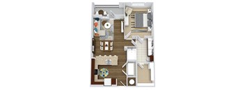 The Irvin. 1 bedroom apartment. Kitchen with bartop open to living/dinning rooms. 1 full bathroom double vanity. Walk-in closet. Patio/balcony.
