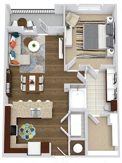 The Irvin. 1 bedroom apartment. Kitchen with bartop open to living/dinning rooms. 1 full bathroom double vanity. Walk-in closet. Patio/balcony.