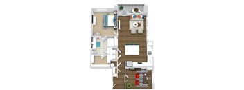 The Lilly + study. 1 bedroom apartment with study room. Kitchen with bartop open to living/dinning rooms. 1 full bathroom double vanity. Walk-in closet. Patio/balcony.