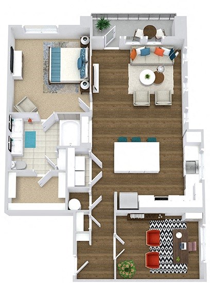 The Lilly + study. 1 bedroom apartment with study room. Kitchen with bartop open to living/dinning rooms. 1 full bathroom double vanity. Walk-in closet. Patio/balcony.