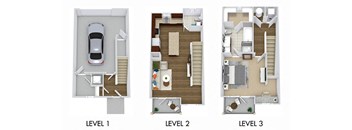 The Meredith + Fenced-in Yard. 1 bedroom townhome. Kitchen with bartop open to living/dinning rooms. 1 full bathroom + powder room. Walk-in closet. Patio/balcony open to yard. Garage on first floor.