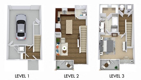 The Meredith + Fenced-in Yard. 1 bedroom townhome. Kitchen with bartop open to living/dinning rooms. 1 full bathroom + powder room. Walk-in closet. Patio/balcony open to yard. Garage on first floor.