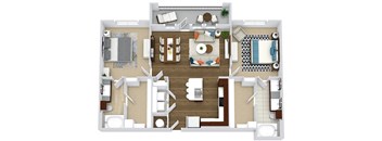 The Renfro. 2 bedroom apartment. Kitchen with island open to living/dinning room. 2 full bathrooms, double vanity in master. Walk-in closets. Patio/balcony.