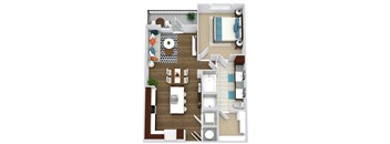 The Romo. 1 bedroom apartment. Kitchen with bartop open to living/dinning rooms. 1 full bathroom double vanity. Walk-in closet. Patio/balcony.