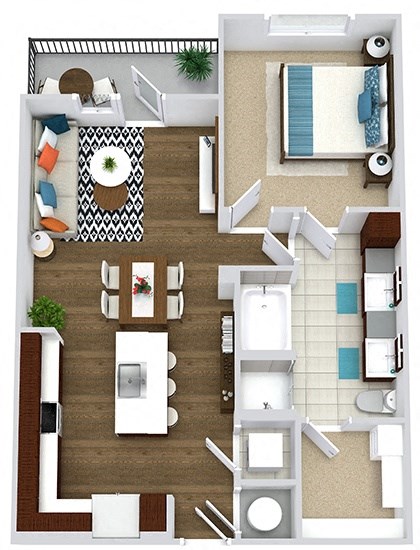 The Romo. 1 bedroom apartment. Kitchen with bartop open to living/dinning rooms. 1 full bathroom double vanity. Walk-in closet. Patio/balcony.