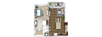 The Sanders. 1 bedroom apartment. Kitchen with bartop open to living/dinning rooms. 1 full bathroom. Walk-in closet. Patio/balcony.