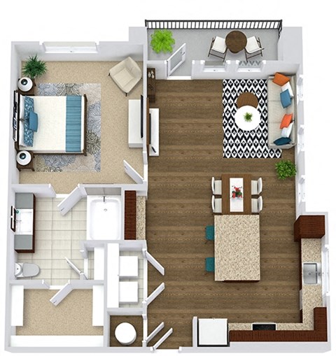 The Sanders. 1 bedroom apartment. Kitchen with bartop open to living/dinning rooms. 1 full bathroom. Walk-in closet. Patio/balcony.