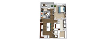 The Ware. 1 bedroom apartment. Kitchen with bartop open to living/dinning rooms. 1 full bathroom double vanity. Walk-in closet. Patio/balcony.