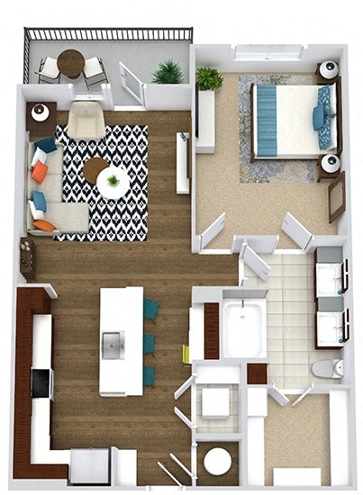 The Ware. 1 bedroom apartment. Kitchen with bartop open to living/dinning rooms. 1 full bathroom double vanity. Walk-in closet. Patio/balcony.