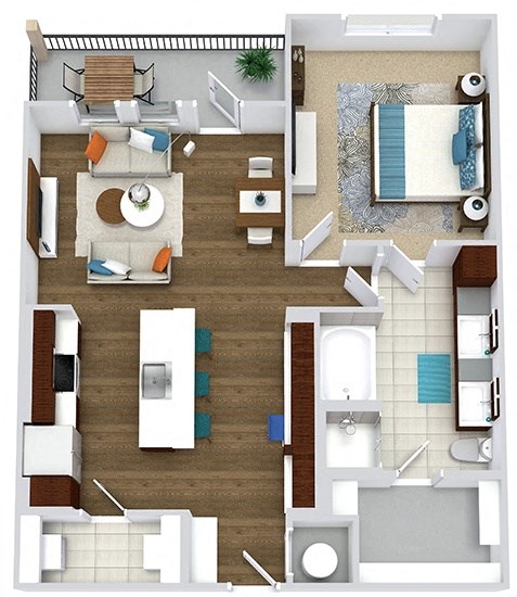 The White. 1 bedroom apartment. Kitchen with bartop open to living/dinning rooms. 1 full bathroom double vanity, tub and shower stall. Walk-in closet. Patio/balcony.