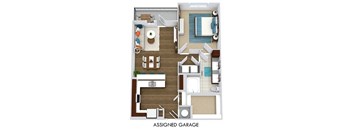 The Witten + assigned garage. 1 bedroom apartment. Kitchen with bartop open to living/dinning rooms. 1 full bathroom double vanity. Walk-in closet. Patio/balcony.