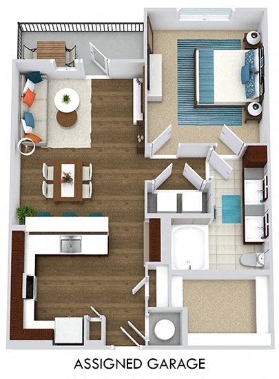 The Witten + assigned garage. 1 bedroom apartment. Kitchen with bartop open to living/dinning rooms. 1 full bathroom double vanity. Walk-in closet. Patio/balcony.