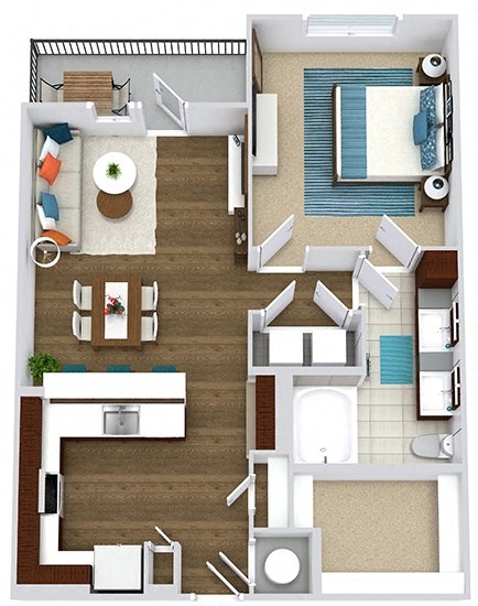 The Witten. 1 bedroom apartment. Kitchen with bartop open to living/dinning rooms. 1 full bathroom double vanity. Walk-in closet. Patio/balcony.