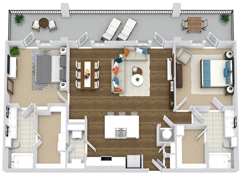Woodson. 2 bedroom apartment. Kitchen with island open to living/dinning room. 2 full bathrooms, double vanity in master. Walk-in closets. Large patio/balcony.