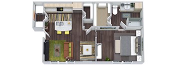 A top-down view of a small apartment with a kitchen, living room, and bathroom.
