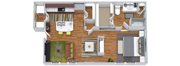 A top-down view of a well-furnished apartment.