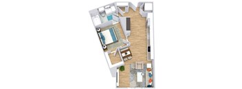 a floor plan with a bedroom, bathroom, kitchen, dining space, and living area