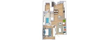 a floor plan with a bedroom, bathroom, kitchen, and living area