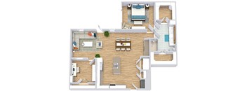 a floor plan with a bedroom, study, kitchen with an island, dining area, and a living room