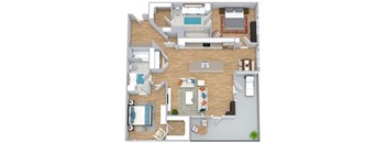 A 3D floor plan of a house with multiple rooms and furniture.