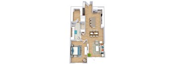 a floor plan with a bedroom, bathroom, kitchen with an island, and a living area