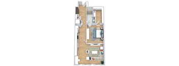 a floor plan with a bedroom, bathroom, kitchen, and living area