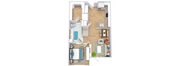 a floorplan with a bedroom, bathroom, kitchen with an "L" shaped counter, small dining space, and living area