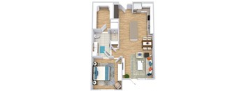 a floor plan with a bedroom, bathroom, kitchen with an island, small dining space, and living area