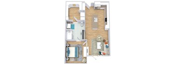 a floor plan with a bedroom, bathroom, kitchen with an island, and living area