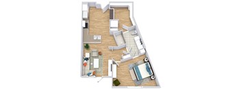 a floor plan with a bedroom, bathroom, kitchen with an "L" shaped counter, and living area