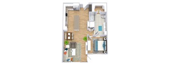 a floor plan with a bedroom, bathroom, kitchen with an island, dining space,  and living area