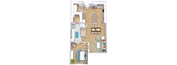 a floor plan with a bedroom, bathroom, kitchen with an island, dining space, and a living room