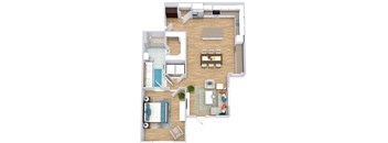 a floor plan with a bedroom, bathroom, kitchen with an island, dining space, and a bathroom