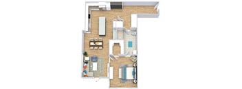 a floor plan of with a bedroom, bathroom, kitchen with an island, dining space, and a living room