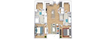 a floor plan with two bedrooms,  two bathrooms, a kitchen with an island, and a living room