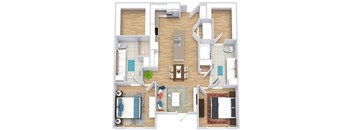 a floor plan with two bedrooms,  two bathrooms, a kitchen with an island, and a living room